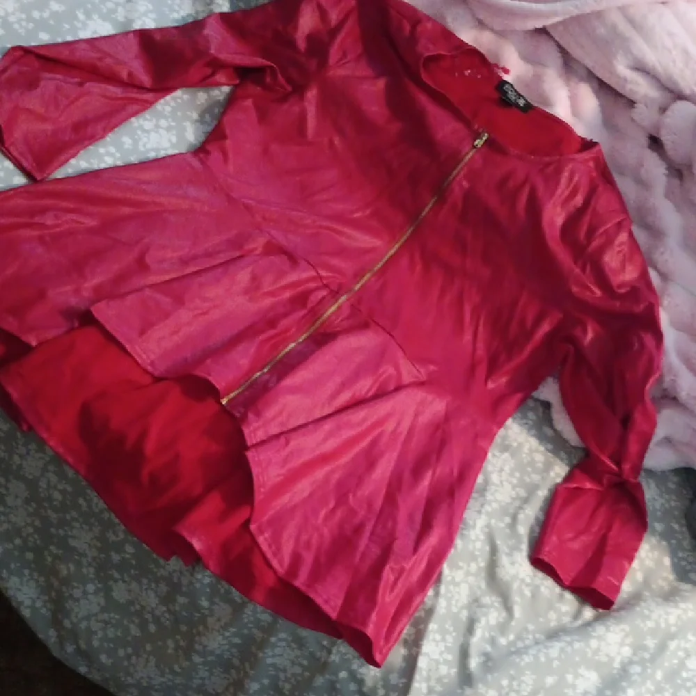 Faux Red Leather Top With Front Zipper - Picture 1 of 3